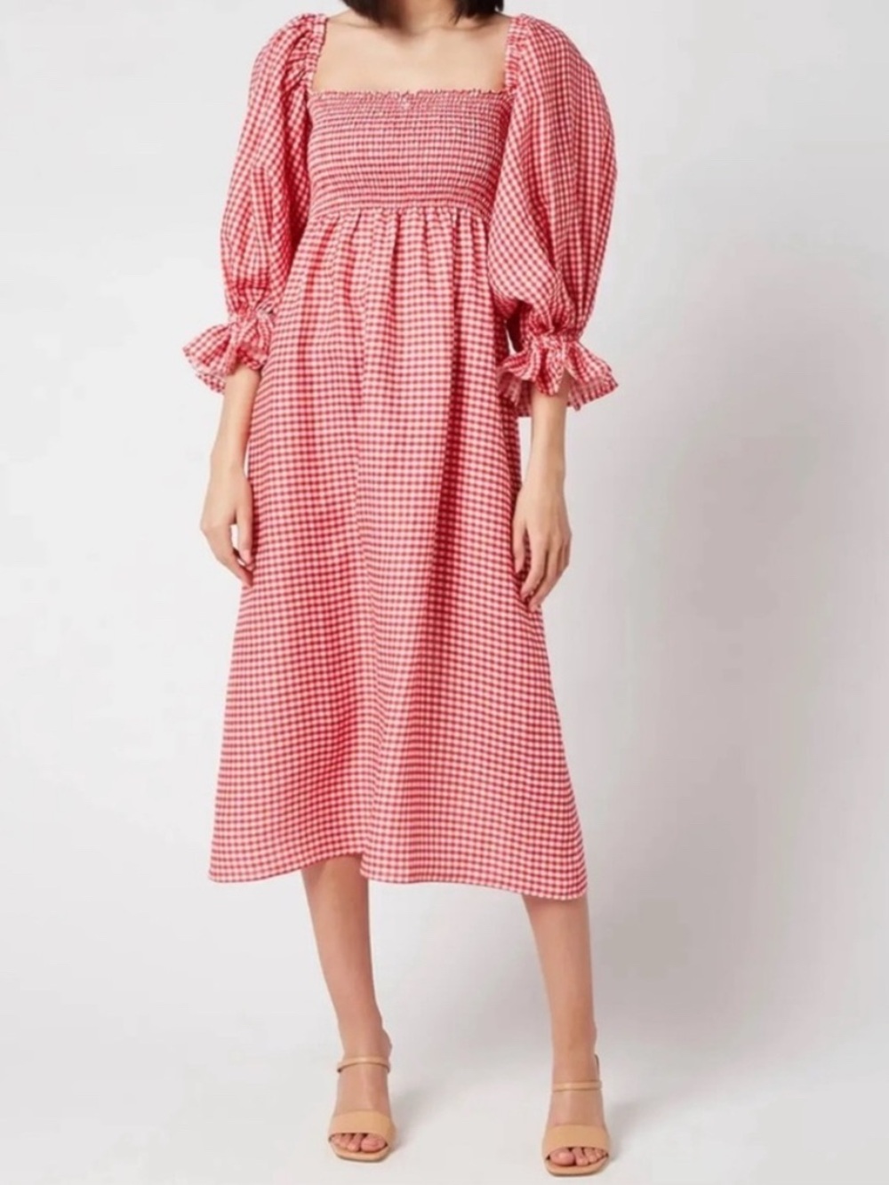 SLEEPER Atlanta Linen Smocked Red Gingham Dress size M EUC